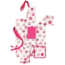 AMOUR INFINI 5 Piece Set of Apron,2 Kitchen Towel,Oven Mitt and Pot Holder in a Valentine Cup Cakes Design |Cotton Thanksgiving Christmas Gift Set|Event Outdoor BBQ Baking Grilling Party Kitchen Decor