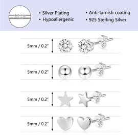 Silver Small Studs Earrings Set, ASH'S CHOICE 925 Sterling Silver Small Studs Earrings 925 Silver Multipack Cartilage Piercing Earrings Tiny Mini Zircon Stars Ball Heart Studs Earrings for Women
