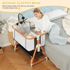 3 in 1 Bassinet,Baby Bassinets Bedside Sleeper with Musical Toy,Adjustable Height Bedside Bassinet for Baby with Wheels and Storage Basket,4-Sided Mesh Bedside Crib for Newborn 0-6 Months (Black)