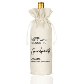 Socive Pregnancy Announcement Gift, Baby Announcement Wine Bag, Pairs well with Becoming Grandparents,Gifts for Grndparents - Burlap Drawstring Gift Wine Bag