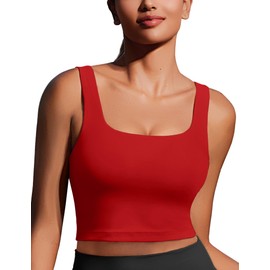 PINSPARK Padded Sports Bras for Women Square Neck Tank Top Wide Straps Longline Yoga Workout Tank Built in Bra Light Support Small,Red