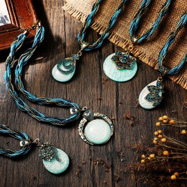 6 Pieces Turquoise Necklace Bohemian Necklaces for Women Chunky Statement Beaded Jewelry Turquoise Vintage Retro Pendant Rhinestone Collar Necklace for Ladies