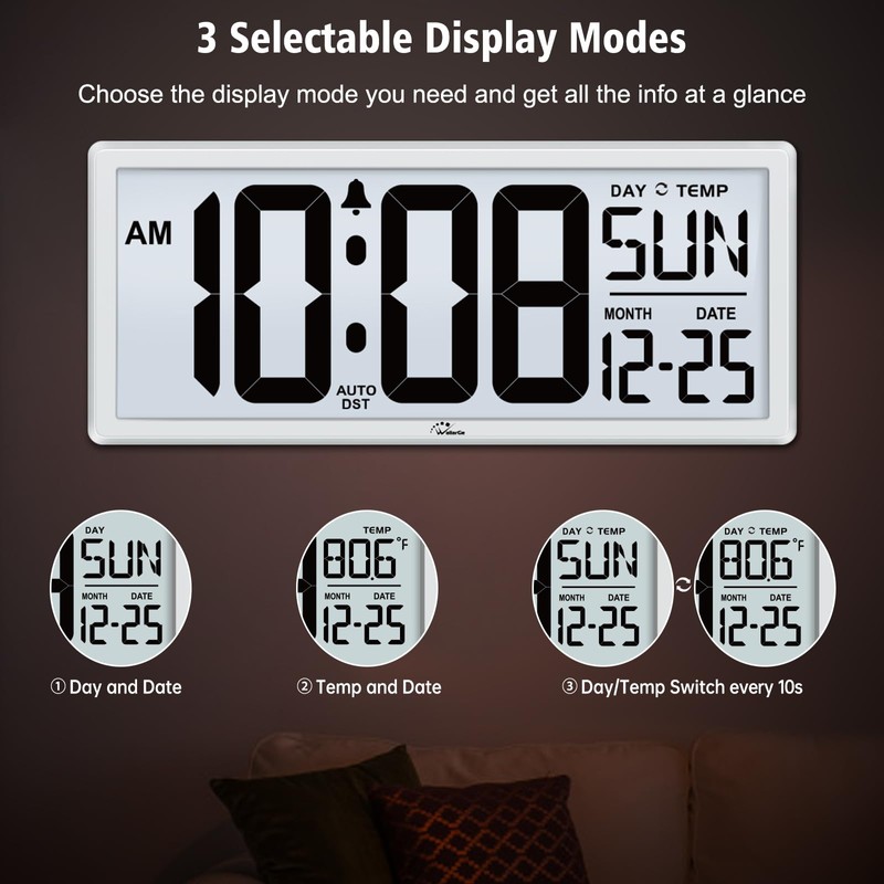 WallarGe Backlight Digital Wall Clock Battery Operated - with Temperature
