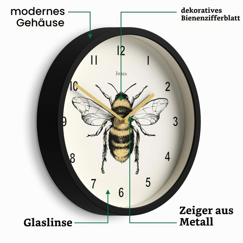 JONES CLOCKS Bee Wall Clock Small Modern Clock with Honey