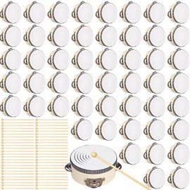 Joyfolk 32 Pcs 4 Inch Bulk Tambourines with Drumsticks & Metal Jingles, Mini Wooden Tambourines for Adults, Percussion Hand Drums for Church, Wedding, Party & Educational Gifts
