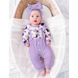 AGAPENG 0-3 Months Baby Girl Clothes Ruffle Crew Neck Romper Onesie Purple Floral Long Sleeve Jumpsuit Fall Winter Outfits Baby Girls' Clothing