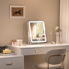 Hasipu Vanity Mirror with Lights 11.4” x 13.8” LED Make up Mirror Tabletop Mirror with 3 Color Lighted Modes Light up Desk Mirror for Makeup with Detachable 10x Magnification & 360 Degree Rotation