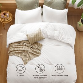 Bedsure 5 Pieces Cotton Comforter Set with Cotton Waffle Throw Blanket - White Comforter King Size, Pillow Shams, Taupe Cooling Blanket of Rayon Derived from Bamboo for Hot Sleepers, Throw Pillow