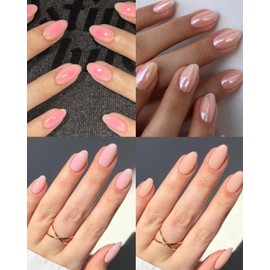 Almond Press-On Nails, 96 Pieces, French Tip Design with Pearls, Black/Red/White/Pink Tips (96-Piece Short Oval Press-On Nails Set, Pink Shades Design)