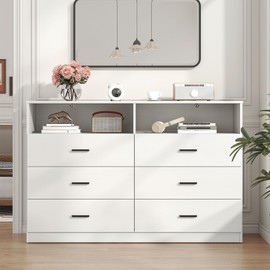 Bigbiglife 6 Drawers Dresser for Bedroom Wooden Dresser with Open Storage Cubby, Double Wide Dresser Organizer for Bedroom, Living Room, Entryway, Hallway (White)