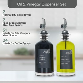 SOPH & SVET Oil Dispenser Set For Kitchen, 40 Labels, Glass Coffee Syrup Bottles, Cruet, Set of 2 (Silver)