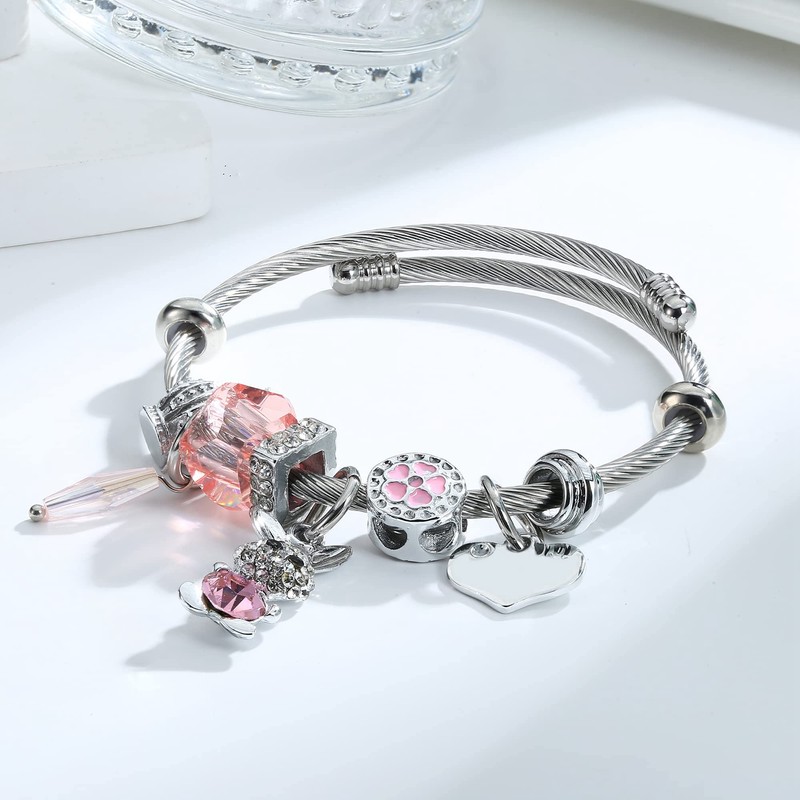 Women's Popular Rabbit Bangle, Pink, Blue, Adjustable, Opening, Platinum, Zircon