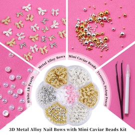 3D Metal Alloy Nail Bows Kit - Silver & Gold Bowknot Charms with 1-3mm Mini Caviar Beads, Tweezers, Pickup Pencil, Cute Nail Charms and Gems Jewelry in Petal-Shaped Box (Mixed-kit-3)