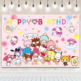 San-rio Birthday Party Backdrop, Cartoon Happy Birthday Banner Background, Pink Theme Party Supplies Backdrop, Birthday Party Decorations Photography Backdrop for Kids Boys Girl