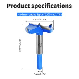 FOCMKEAS 70mm丨2-3/4 Inch Forstner Drill Bit with Hex Shank Double-Flute Tungsten Carbide Wood Hole Saw for Plastic, Hard Wood, Woodworking Hinge Hole Drilling Boring Bits Cutter 1 Pcs Blue