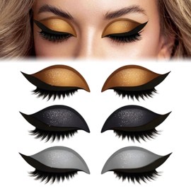 Lazy Eye Shadow Eyelash Patch, 2025 Eyeshadow Eyelash Stickers, 3-in-1 Self-Adhesive Eye Makeup Eyelid Lash Sticker with False Lashes, Shadow, Eyeliner, for Party, Prom (3 pairs (black+gold+silver))