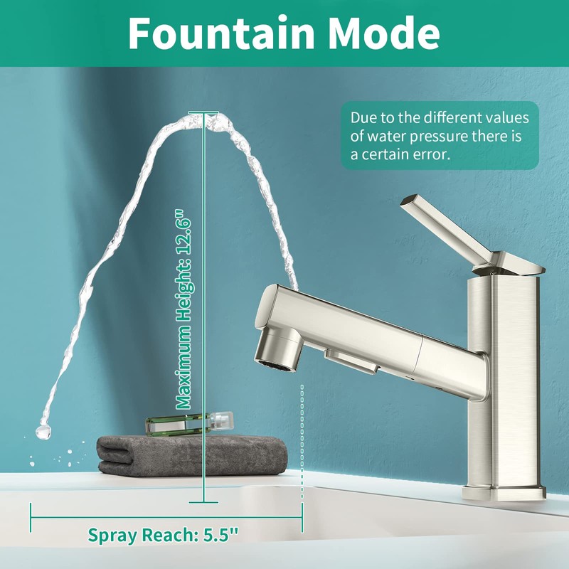 HEROBAI Single Hole Bathroom Faucet, Single Handle Modern Pull Out