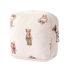 Long Keeper Small Cosmetic Bag Toiletry Bag with Compartments Mini Makeup Bag Strawberry Printing Corduroy Travel Toiletry Pouch for Women Girls Gift (Cute Bear)