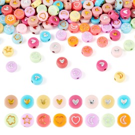 Beadthoven 400Pcs Pattern Acrylic Beads Colorful Flat Round Pony Beads Golden Star Flower Moon Heart Pattern Plastic Loose Spacers Coin Beads for Jewelry Making Friendship Bracelet DIY Craft Necklace