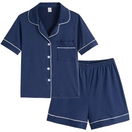 Vopmocld Unisex Kids Button Down Pajama Sets Short Sleeve & Shorts Solid Color Teens Outfit with Pockets 2pcs Lounge Sets Nightwear Jammies, Navy, 16