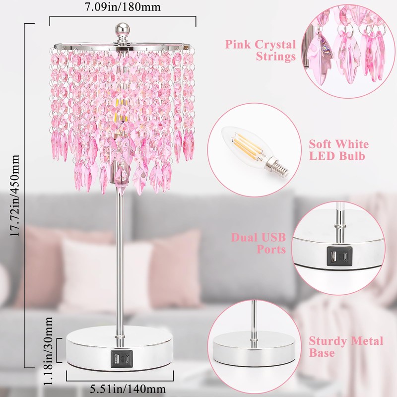 Boncoo Pink Crystal Lamps, Touch Control Crystal Table Lamp with