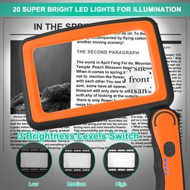 Magnifying Glass with Light, 5X 10X 45X Rechargeable Large Page Magnifier with 20 LED Lights, Folding Handheld Dimmable Magnifier for Reading Small Print for Seniors(Black & Orange)