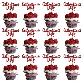 40PCS Galentines Day Cupcake Toppers Decorations, Red Glitter Happy Galentines Day Cupcake Toppers for Galentine's Day Decoration, Friends Galentines Party Decor, Valentines Day Party Decorations