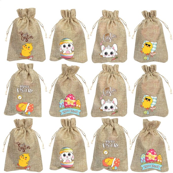 CCINEE 36PC Easter Burlap Bags with Drawstrings Bunny Linen Goody Gift Bags with Double Jute Drawstrings for Party Favor Candy Filler
