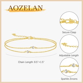 AOZELAN 14K Gold Anklets for Women Gold Anklet Ankle Bracelets for Women Double-Layer Design with Cubic Zirconia Paperclip Ankle Bracelet for Womens 10(8.5+1.5) Inches