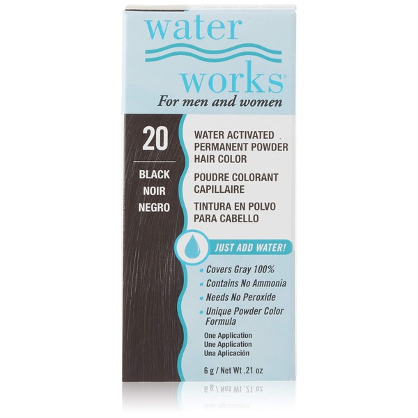 Water Works Water Activated Permanent Powder Hair Color for Men and Women, 20 Black