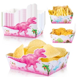 WERNNSAI 24 PCS Dinosaur Snack Trays - Pink Dinosaur Birthday Decorations Pink Paper Food Trays Dino Popcorn Nachos Food Boats for Kids Girls Dinosaur Party Supplies