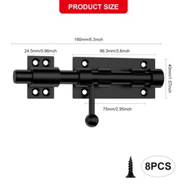 Slide Gate Latch Bolt Safety Door Lock with Padlock Hole 160MM Length, 16MM Dia Bar, Door Lock Bolts for Bathroom, Toilet, Shed, Garden, Bedroom - Door Latch Slide Bolts Lock with Screws Black
