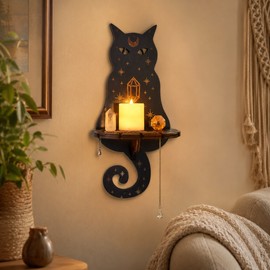 Cat Wall Shelf for Candle & Small Item Display – Celestial Wooden Decor for Bedroom, Entryway & Living Room