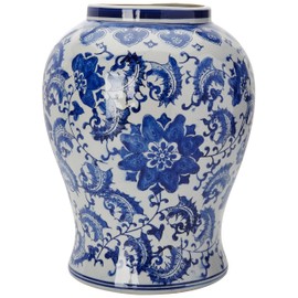 Oriental Furniture 18" Floral Blue & White Porcelain Temple Jar
