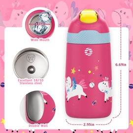 FEIJIAN Kids Stainless Steel Water Bottles with Straw, 12 oz Leak Proof Insulated Water Bottle Double Wall, Keep Drinks Hot Cold Toddler Thermos with Handle BPA-Free for School