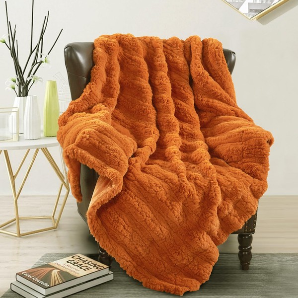 BYTIDE Luxury Faux Fur Throw Blanket Reversible to Cozy Velvet,