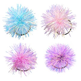 4Pcs Colorful Foil Strips Pom Pom Hair Ties Shiny Fluffy Ball Elastic Ponytail Holders Headbands Hair Rings Ropes Scrunchies Accessories