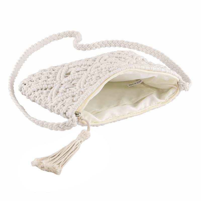 White Crochet Crossbody Bag for Women Small Handbag Handmade Woven