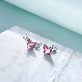 AOBOCO Pink Butterfy Gifts - Sterling Silver Chasing Butterfly Earrings Pink Crystal Butterfly Earrings, Hypoallergenic Stud Earrings, Anniversary Birthday Butterfly Jewelry Gifts for Women Daughter