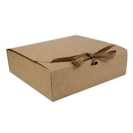 Emartbuy Pack of 12 Square Shaped Presentation Gift Box, 16.5 cm x 16.5 cm x 5 cm, Easy Assembly, Brown Kraft Box with Bow Ribbon