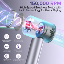 Hair Dryer, 150000 RPM Ionic Hair Dryer Portable Lightweight Blow Dryer with 500 Million Negative Ions, Fast-Drying, Lightweight and Quiet with Diffuser & Nozzle, Perfect for Home and Travel-Gray