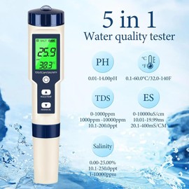 zoomto 5-in-1 Water Quality Tester for PH/TDS/EC/Salt/Temperature, with USB-Rechargeable, IP67 Digital pH Meter with Auto Calibration and VA for Hydroponics, Garden, Pool, Aquarium