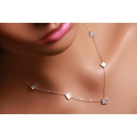 925 Sterling Silver White Mother of Pearl Clover Charm 8.5mm long necklace, lucky charm 5pcs Clover Adjustable 16”,17",18" MOP necklace