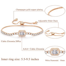 Toplstud Tennis Bracelets for Women, Champagne Gold Square Tennis Bracelet White Cubic Zirconia Bracelet Adjustable Slider Bracelets Prom Jewelry Wedding Gift