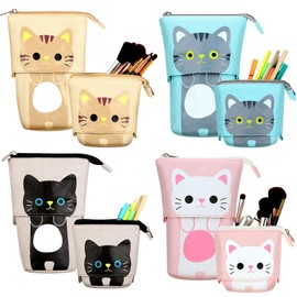 4 Pieces Telescopic Pencil case Transformer Stand Store Pencil Pouch Holder Canvas PU Cartoon Organizer Makeup Bag Cosmetics Stationery Pen Case Box with Zipper (Cat Print)
