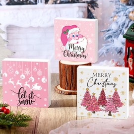 Shellwei 3 Pcs Pink Christmas Decor Christmas Wooden Sign Pink Christmas Tabletop Decoration Christmas Gifts Merry Christmas Centerpieces Decor Farmhouse Wood Decor for Xmas Holiday Table Home