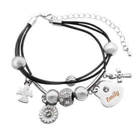 Kigu Emily Name Bracelet - Genuine Leather Multi Strand Bracelet & 18K White Gold Plated Engraved Heart Charm, Leather