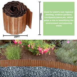 Landscape Edging Border 10inch x 20ft- Corrugated Metal Garden Edging - Lawn Edging Borders - Galvanized Edging Long Strips Yard Border for DIY Flower Beds, Plants, Walkways-Brown