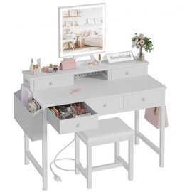 KAI-ROAD White Makeup Vanity Desk with Mirror and Lights, 40 inch Girls Vanity Set with Chair, Make Up Dresser Table with Drawers and Power Outlet for Bedroom Small Space