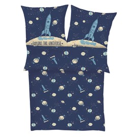 s.Oliver Kinderbettwäsche Universum 135x200 cm - 100% Baumwolle, praktischer Reißverschluss & maschinenwaschbar, Bettwäsche für Kinder Astronaut & Rakete 2tlg. blau